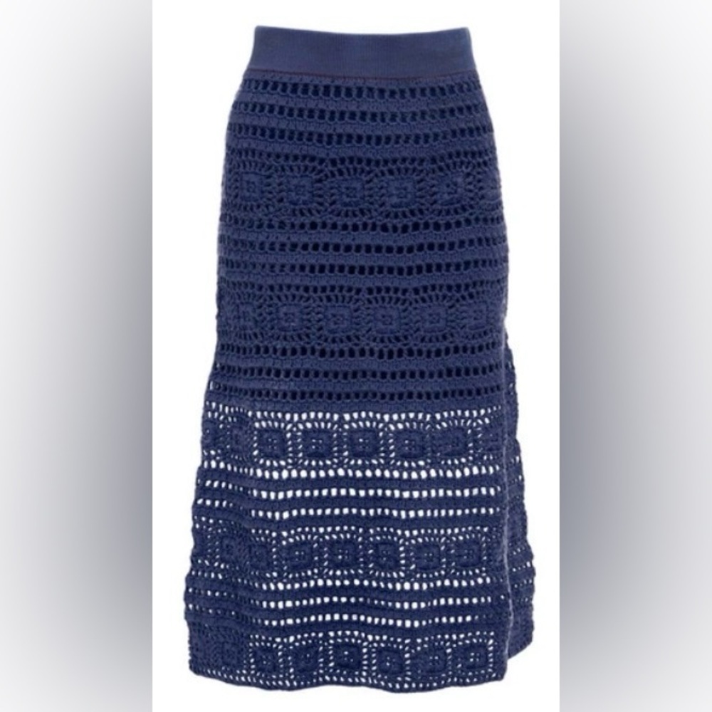 STAUD MARLIN COTTON-CROCHET MIDI SKIRT IN BLUE. Size M